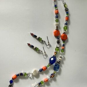 Colorful Beaded Necklace and Earrings Set handmade green blue orange pearl